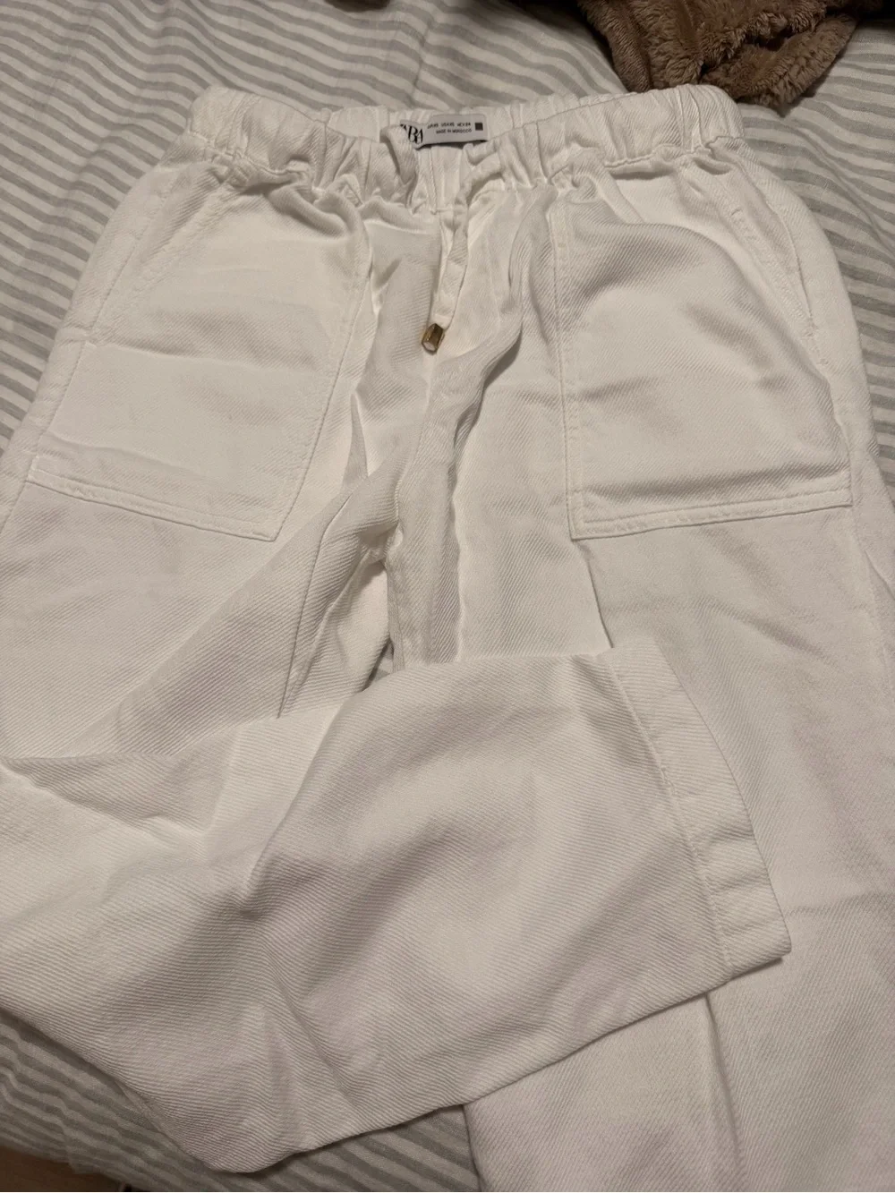 Zara Women's White Linen Straight-Leg Drawstring Pants